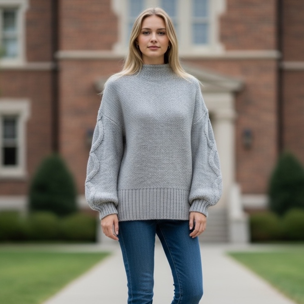 Mint Velvet Women’s Cable‎ Knit Sleeve Mock Neck Sweater Jumper Grey 8